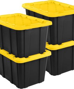 Sterilite Industrial Storage Tote with Lids for Garage. 27 Gallon. 4-Pack | Heavy-Duty and Stackable Utility Box Containers for Home. Office. and Basement Organization. Black/Yellow